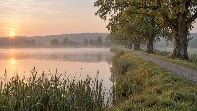 Ranní mlha nad rybníkem, hráz s duby a štěrková cesta pro kola