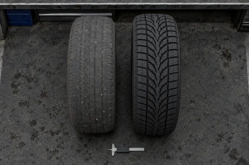 Výdejní pult: vlevo stará · dezén 2,1 mm, vpravo nová · dezén 9 mm.