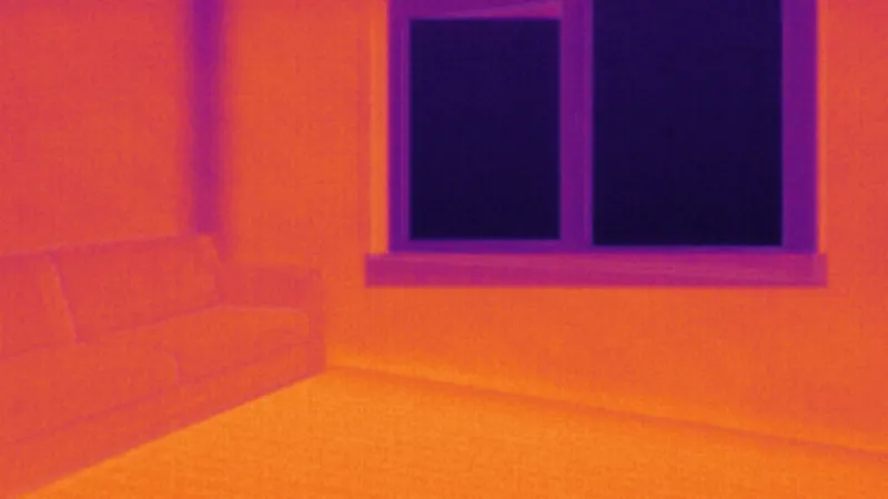 Termogram obýváku po výměně na stejné stupnici: podlaha oranžová, roh teplejší, okno pořád studené.