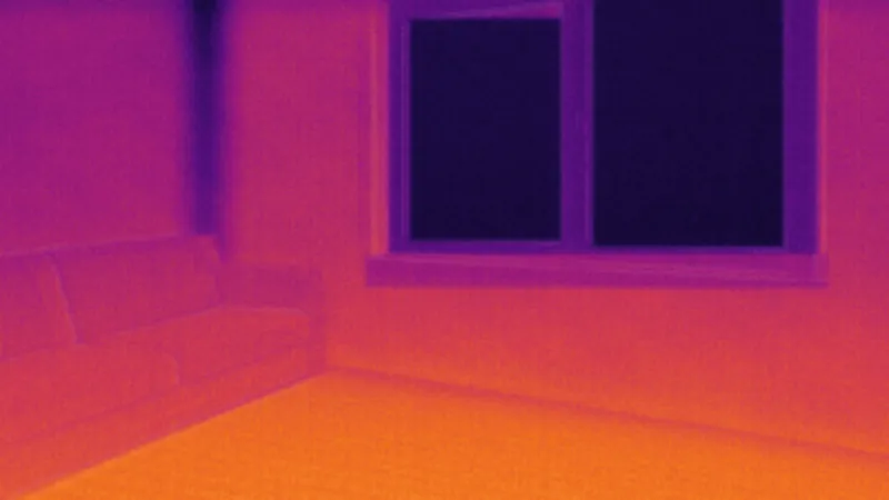 Termogram obýváku během výměny: radiátor zmizel a teplo z podlahy stoupá zespodu.