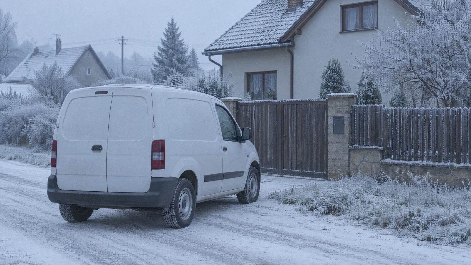 Bílá dodávka bez nápisů ráno před vraty domu, jinovatka na trávě.